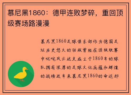 慕尼黑1860：德甲连败梦碎，重回顶级赛场路漫漫