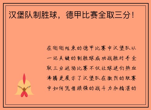 汉堡队制胜球，德甲比赛全取三分！
