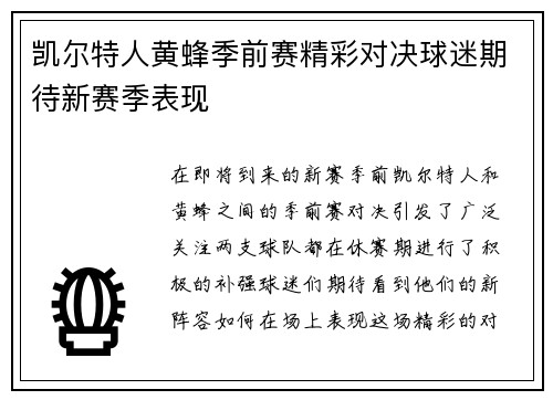 凯尔特人黄蜂季前赛精彩对决球迷期待新赛季表现